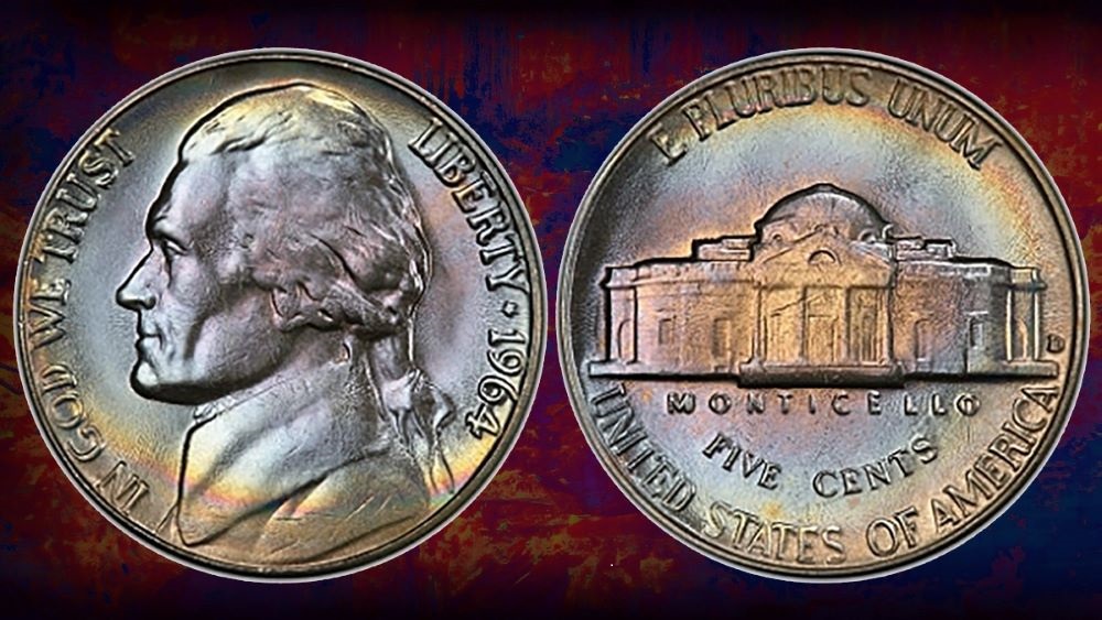 1964 Jefferson nickel obverse and reverse showing Jefferson's portrait and Monticello