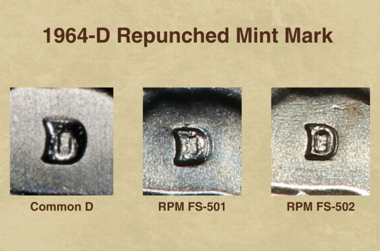Comparison of normal 1964-D mintmark versus FS-501 repunched mintmark showing secondary D shifted south