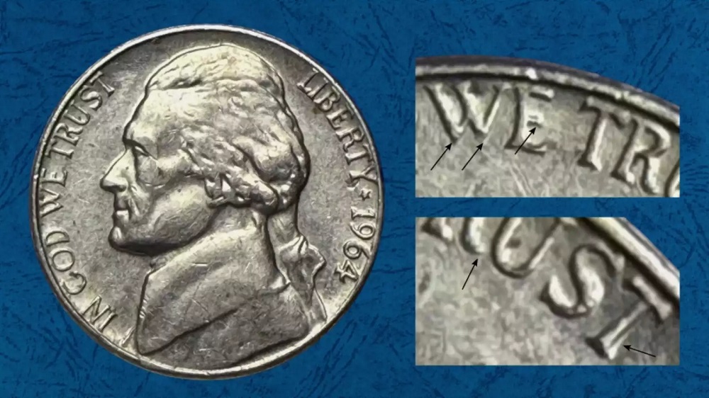 1964 nickel doubled die obverse close-up showing split doubling on LIBERTY and IN GOD WE TRUST lettering