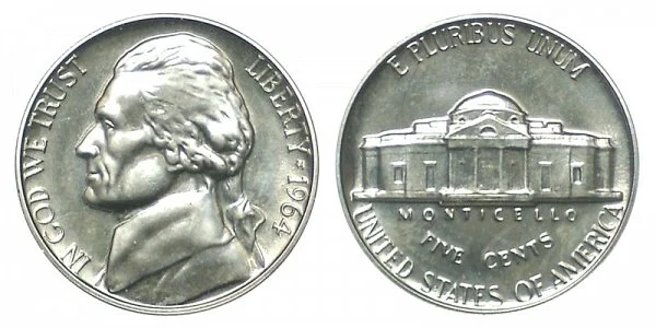 Group of 1964 Jefferson nickels in varying grades from worn circulated to gem uncirculated showing preservation spectrum