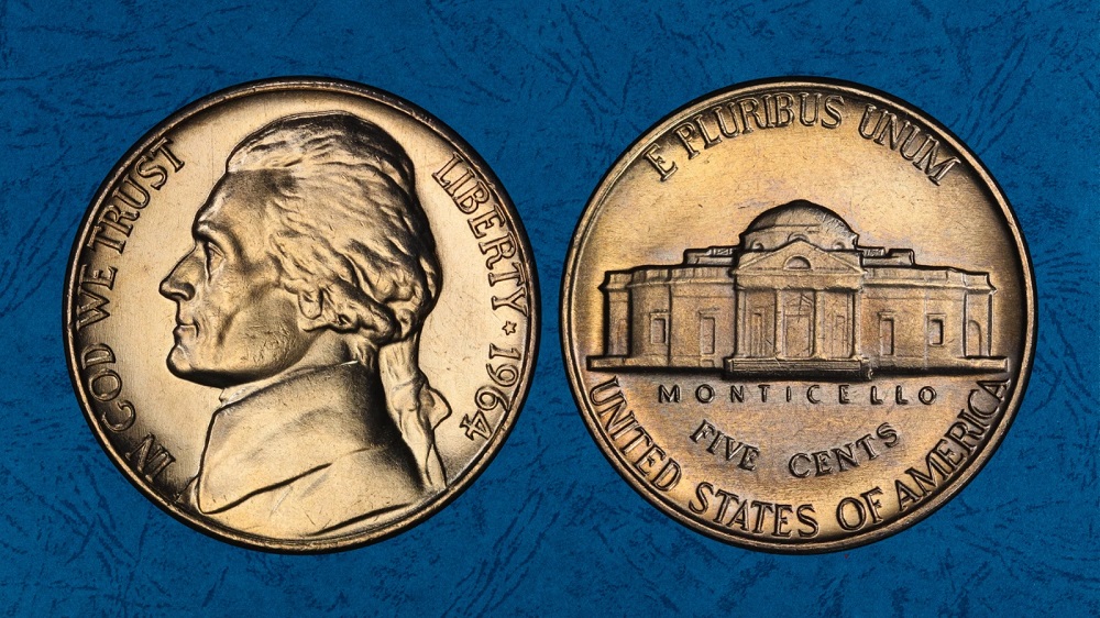 1964 nickel grading strip showing four coins from worn Good grade through Fine, About Uncirculated, and Mint State